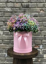 Цветочная композиция из Гипсофила и Розы в шляпной коробке в Каширском
