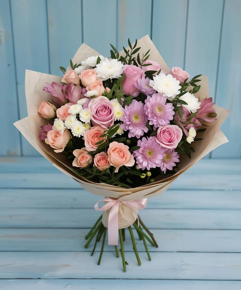 Букет цветов из: Хризантемы, Розы и Альстромерии в Каширском