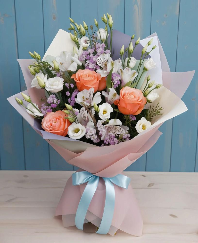 Букет цветов из: Лизиантусы, Розы, Альстромерии и Гипсофила в Каширском