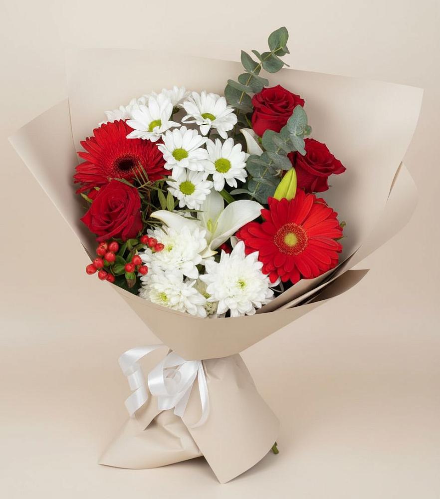 Букет цветов из: Розы, Хризантемы, Герберы и Лилии в Каширском