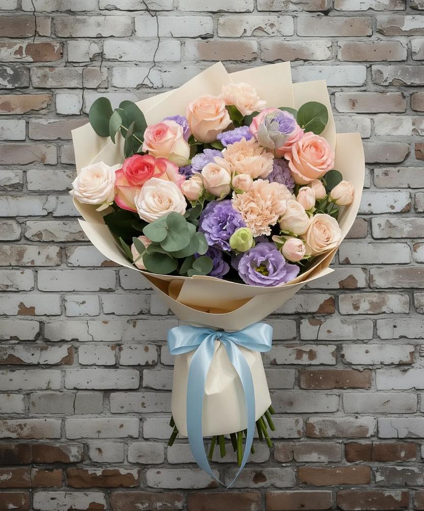 Букет цветов из: Розы, Лизиантусы и Гвоздики в Каширском