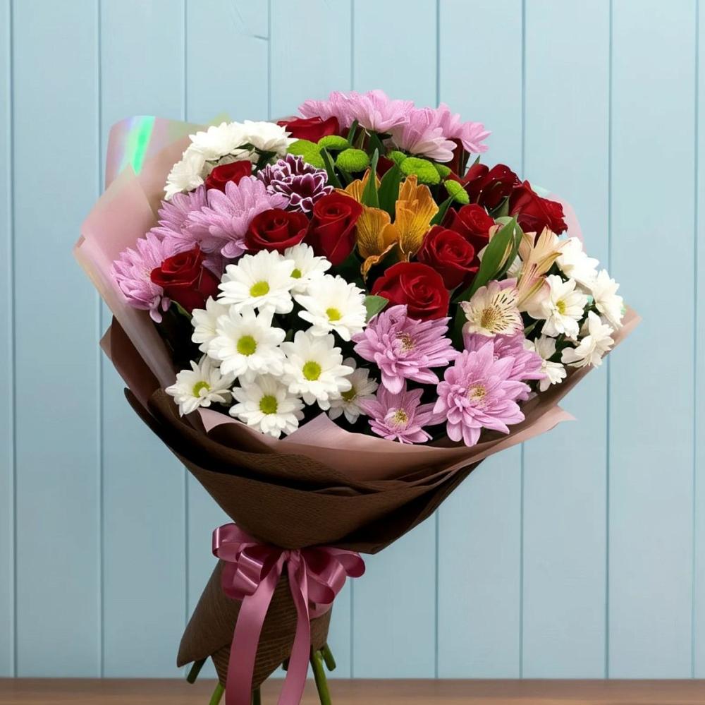 Букет цветов из: Розы, Хризантемы и Альстромерии в Каширском