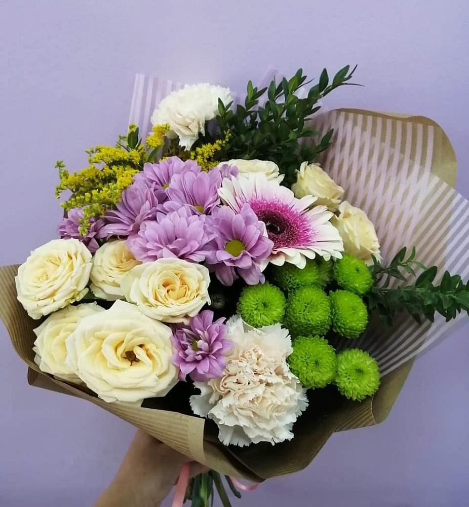 Букет цветов из: Хризантемы, Розы, Гвоздики и Герберы в Каширском