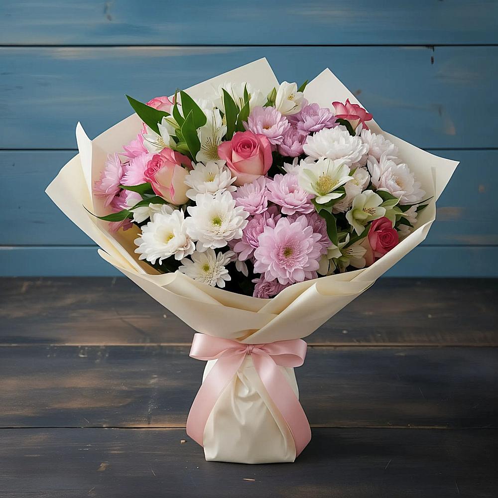 Букет цветов из: Хризантемы, Альстромерии и Розы в Каширском